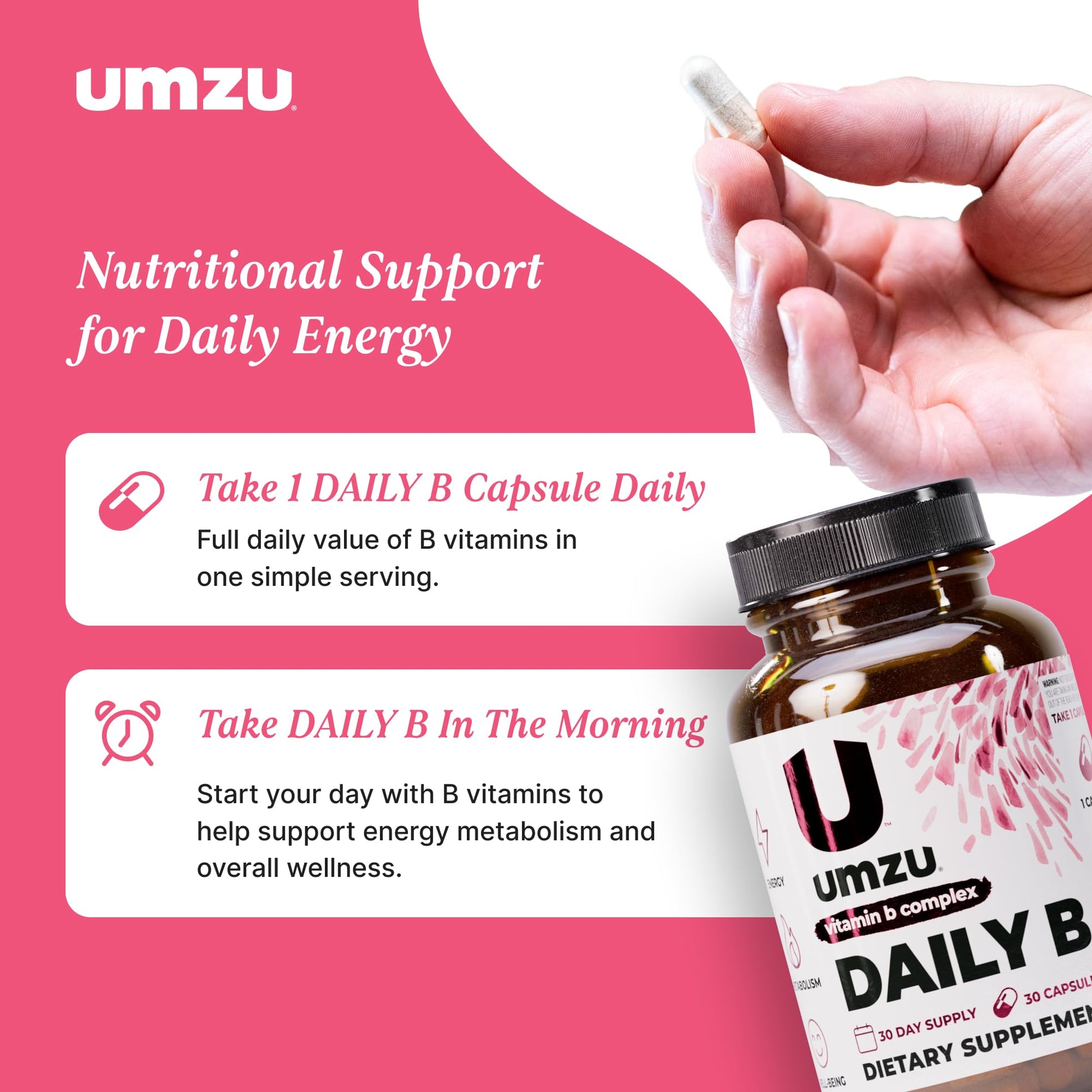 UMZU Daily B, 30 Day Supply – Complete Vitamin B Complex Supplement Blend with B1, B2, B3, B5, B6, B7, B9 & B12 Plus Folic Acid & Biotin – Supports Energy, Focus, Mood, - dailyvitalstore