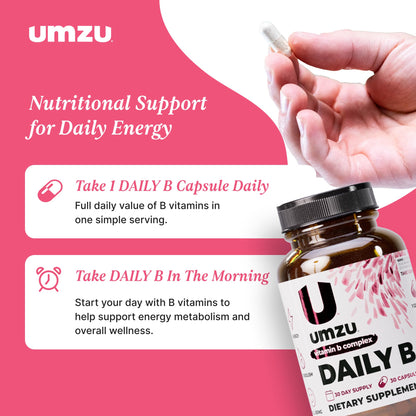 UMZU Daily B, 30 Day Supply – Complete Vitamin B Complex Supplement Blend with B1, B2, B3, B5, B6, B7, B9 & B12 Plus Folic Acid & Biotin – Supports Energy, Focus, Mood, - dailyvitalstore