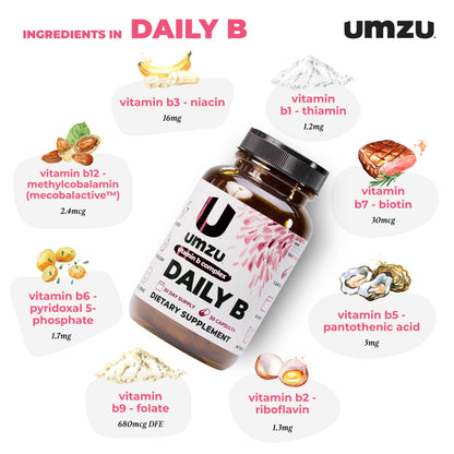 UMZU Daily B, 30 Day Supply – Complete Vitamin B Complex Supplement Blend with B1, B2, B3, B5, B6, B7, B9 & B12 Plus Folic Acid & Biotin – Supports Energy, Focus, Mood, - dailyvitalstore