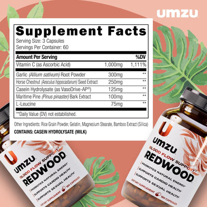 UMZU Redwood Nitric Oxide Booster, (30 Day Supply) – Vitamin C, Garlic & Horse Chestnut – Healthy Circulation & Endurance – Daily Cardiovascular Support Nitric Oxide - dailyvitalstore