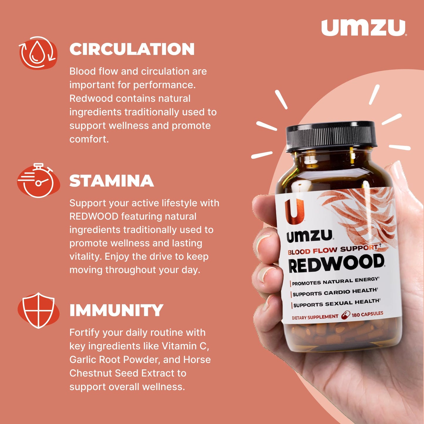 UMZU Redwood Nitric Oxide Booster, (30 Day Supply) – Vitamin C, Garlic & Horse Chestnut – Healthy Circulation & Endurance – Daily Cardiovascular Support Nitric Oxide - dailyvitalstore