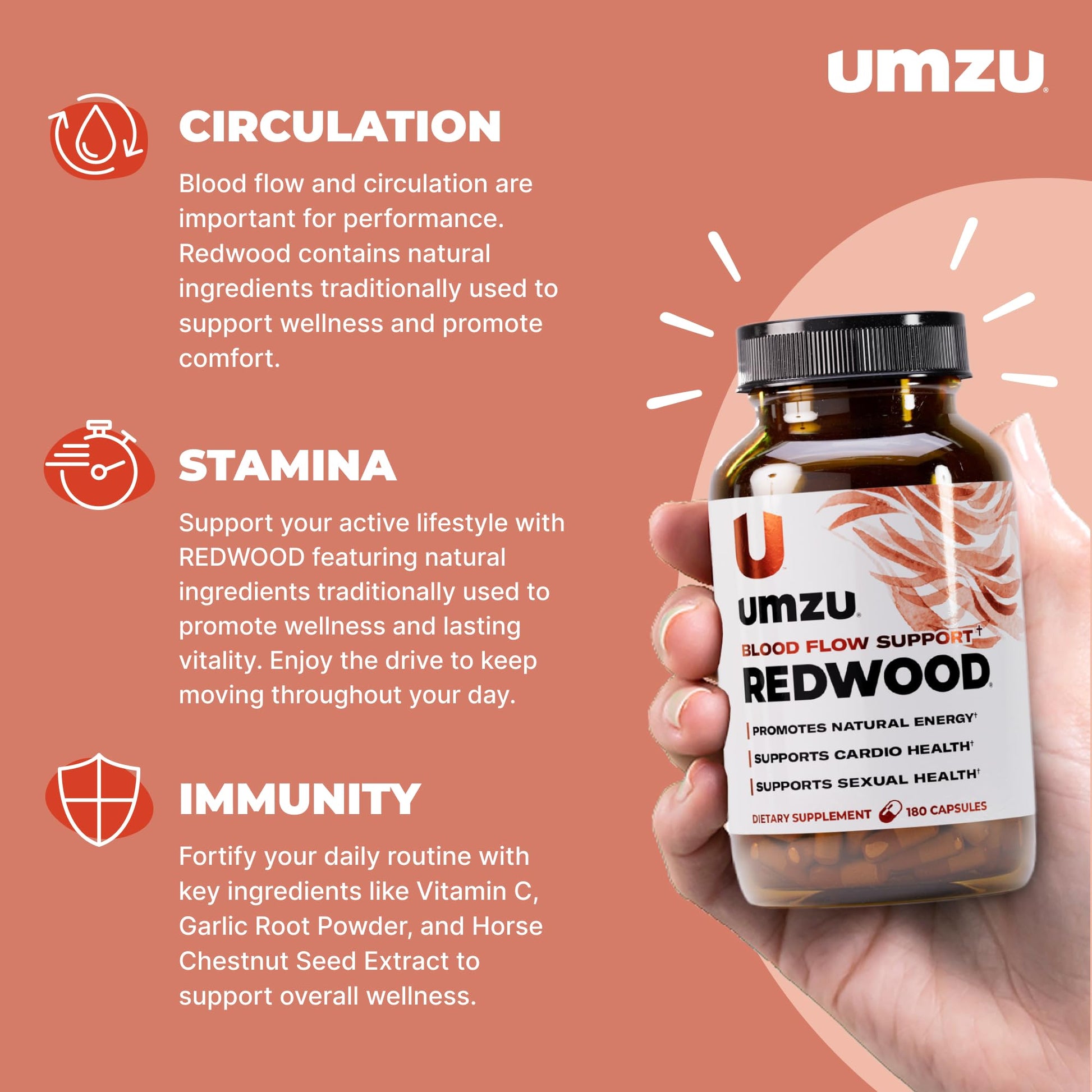UMZU Redwood Nitric Oxide Booster, (30 Day Supply) – Vitamin C, Garlic & Horse Chestnut – Healthy Circulation & Endurance – Daily Cardiovascular Support Nitric Oxide - dailyvitalstore