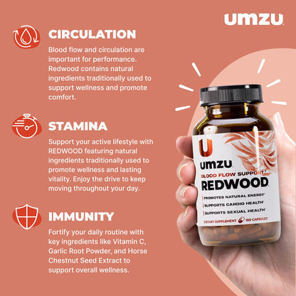 UMZU Redwood Nitric Oxide Booster, (30 Day Supply) – Vitamin C, Garlic & Horse Chestnut – Healthy Circulation & Endurance – Daily Cardiovascular Support Nitric Oxide - dailyvitalstore