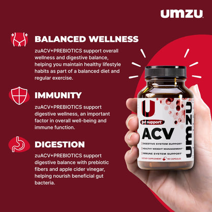 UMZU zuACV Apple Cider Vinegar + Prebiotics Supplement, (30 Day Supply) – ACV & Inulin Fiber Blend – Gut Health Support with ACV Capsules - dailyvitalstore