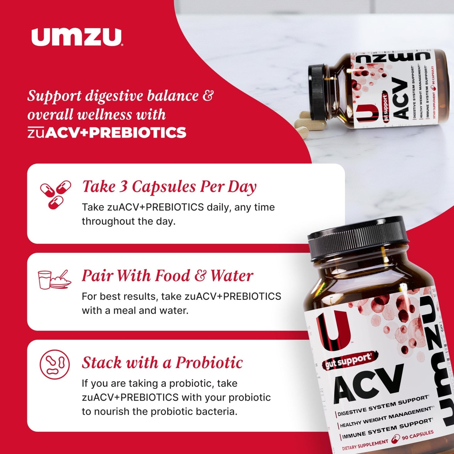 UMZU zuACV Apple Cider Vinegar + Prebiotics Supplement, (30 Day Supply) – ACV & Inulin Fiber Blend – Gut Health Support with ACV Capsules - dailyvitalstore