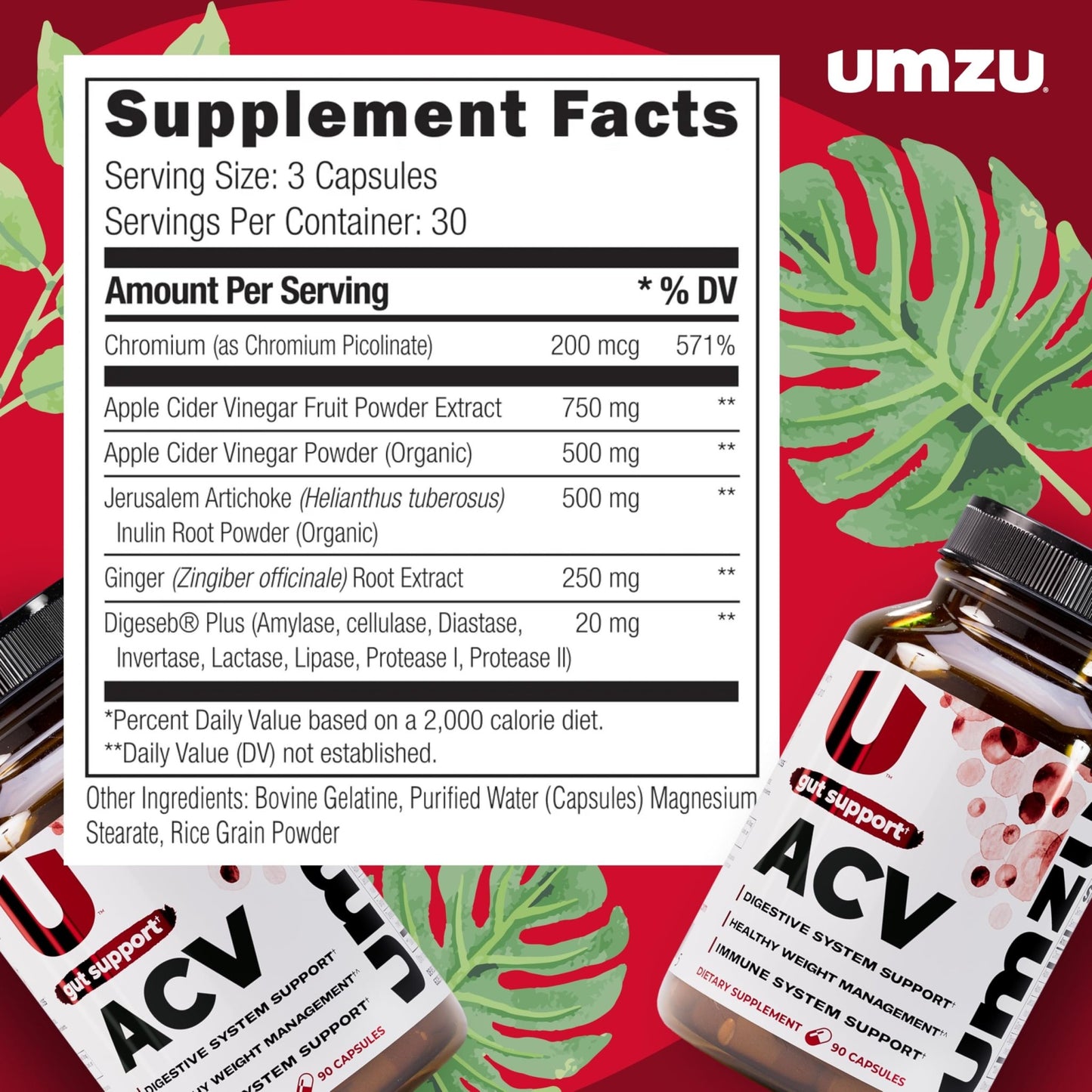 UMZU zuACV Apple Cider Vinegar + Prebiotics Supplement, (30 Day Supply) – ACV & Inulin Fiber Blend – Gut Health Support with ACV Capsules - dailyvitalstore