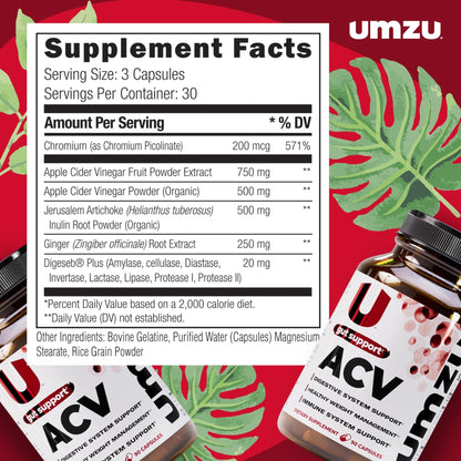 UMZU zuACV Apple Cider Vinegar + Prebiotics Supplement, (30 Day Supply) – ACV & Inulin Fiber Blend – Gut Health Support with ACV Capsules - dailyvitalstore