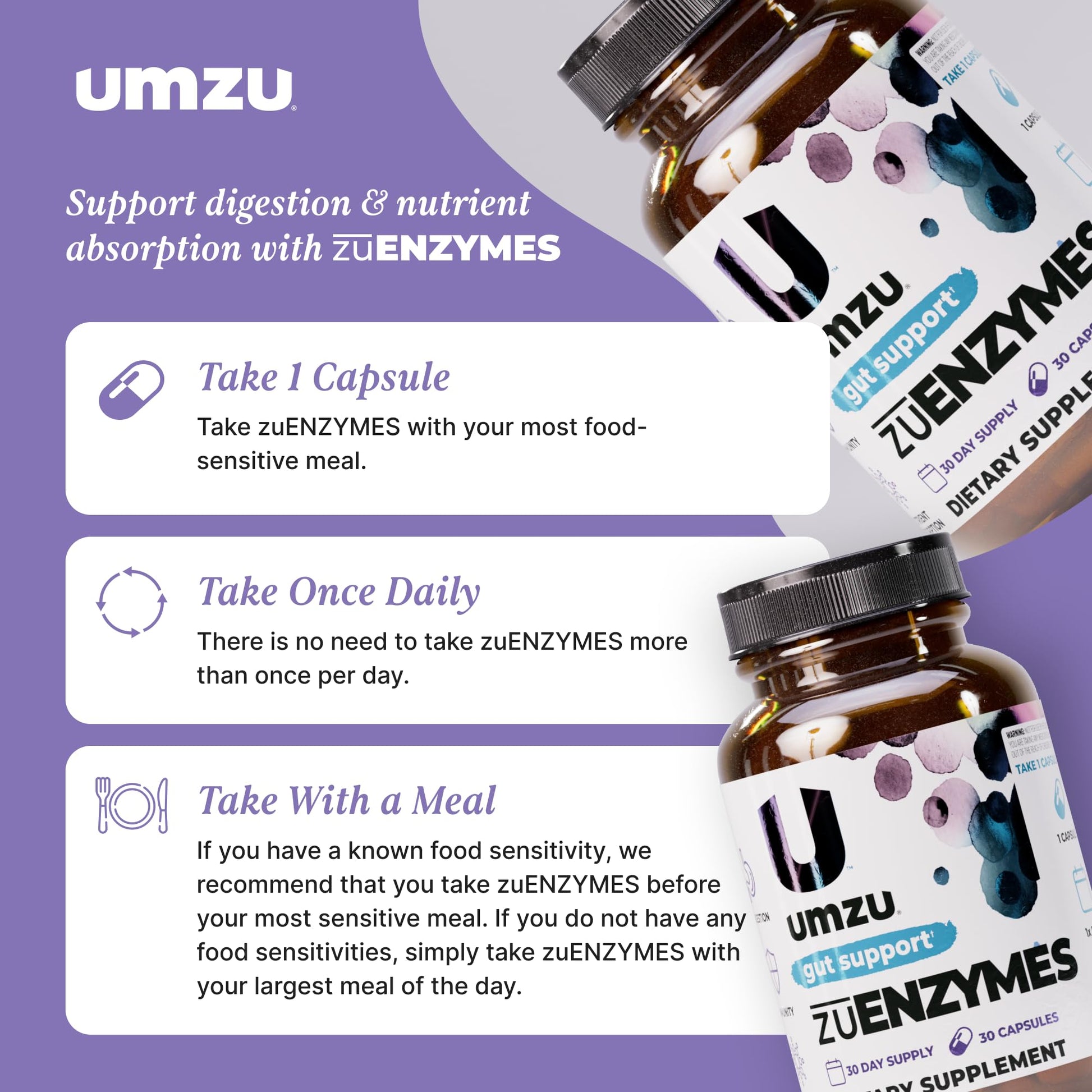 UMZU zuEnzymes Digestive Support Supplement, (30 Day Supply) – 21 Enzyme Blend with Lipase Protease & Amylase – Digestive Enzymes for Gut Health & Probiotic Daily - dailyvitalstore