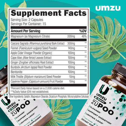 UMZU zuPOO Gut Cleanse Detox, 30 Capsules – 7-Day Natural Colon Cleanse with Cascara Sagrada & Magnesium Citrate – Vegan, Non-GMO - dailyvitalstore