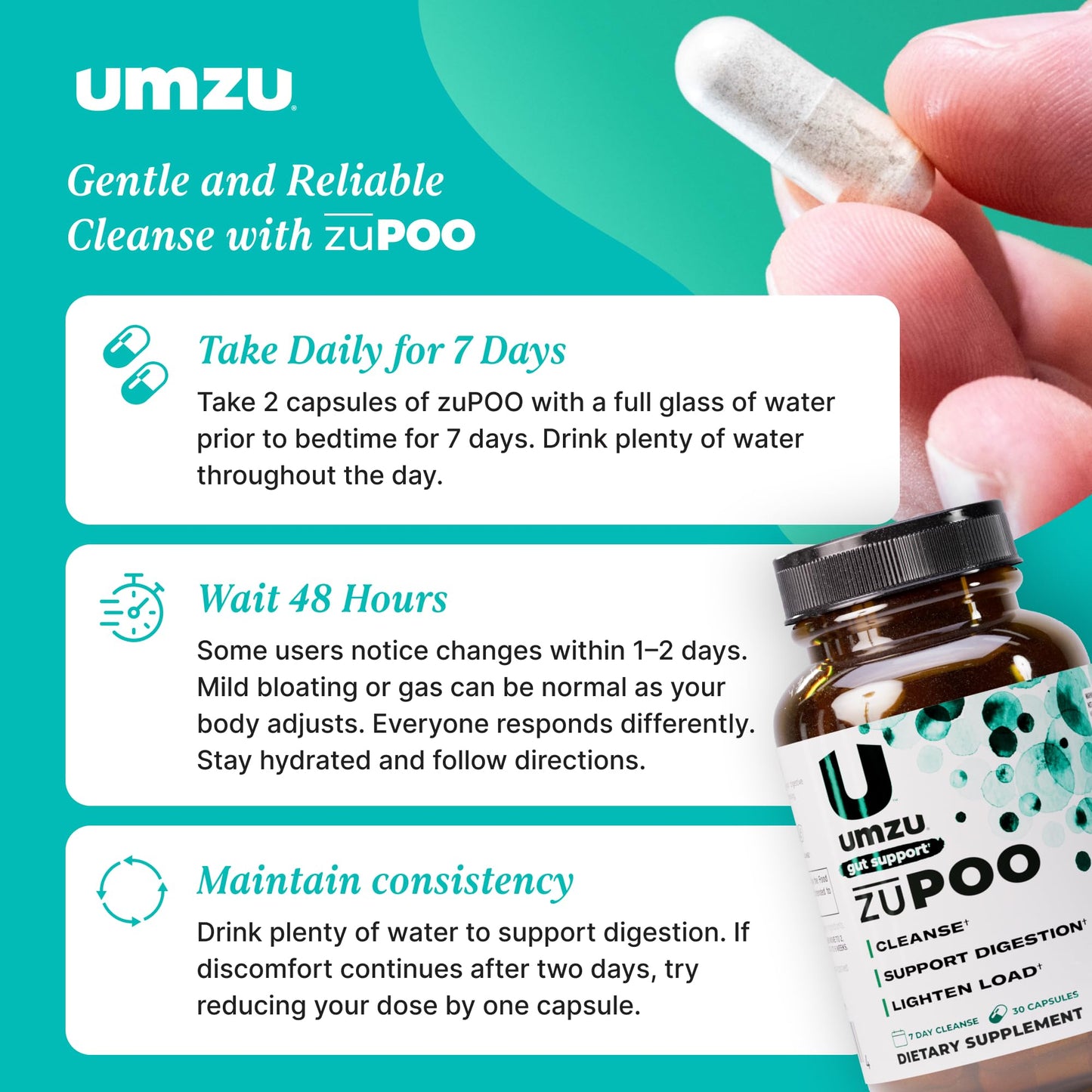 UMZU zuPOO Gut Cleanse Detox, 30 Capsules – 7-Day Natural Colon Cleanse with Cascara Sagrada & Magnesium Citrate – Vegan, Non-GMO - dailyvitalstore