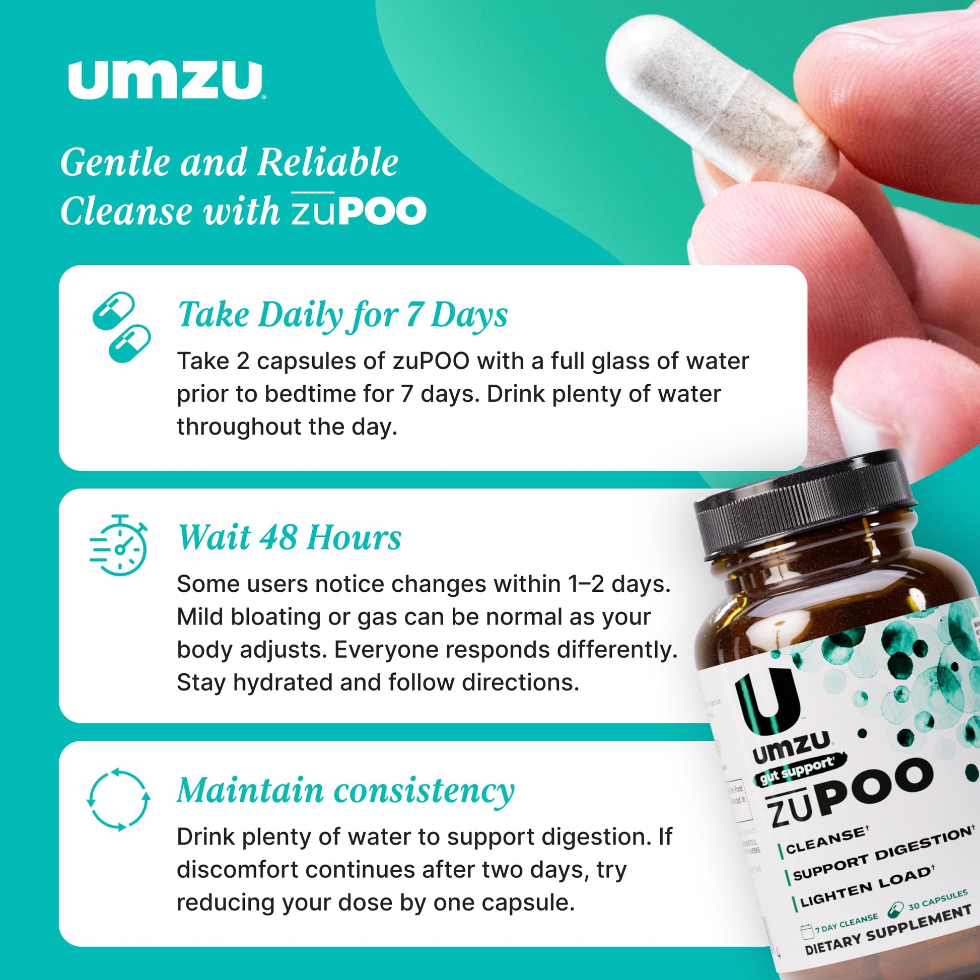 UMZU zuPOO Gut Cleanse Detox, 30 Capsules – 7-Day Natural Colon Cleanse with Cascara Sagrada & Magnesium Citrate – Vegan, Non-GMO - dailyvitalstore