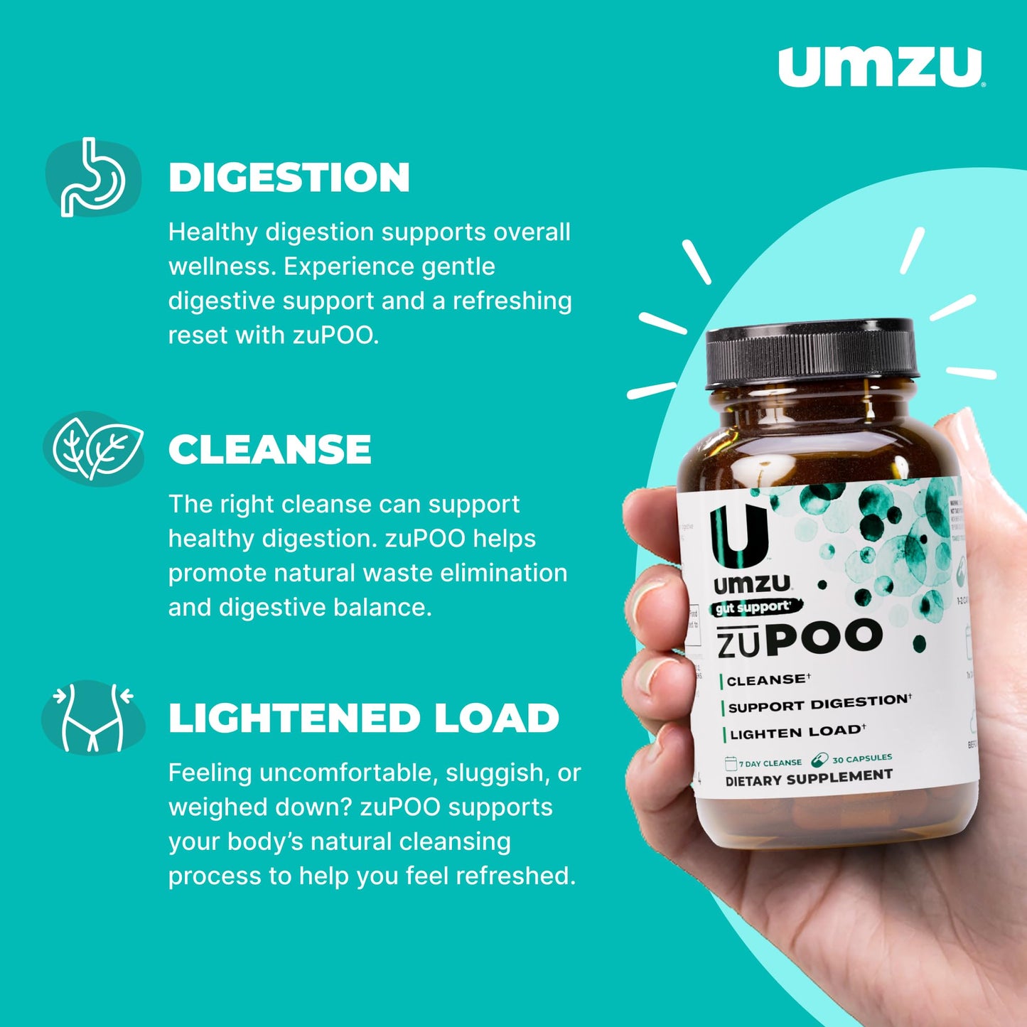 UMZU zuPOO Gut Cleanse Detox, 30 Capsules – 7-Day Natural Colon Cleanse with Cascara Sagrada & Magnesium Citrate – Vegan, Non-GMO - dailyvitalstore
