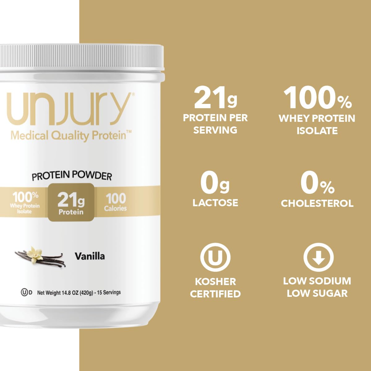 Unjury Whey Protein Powder | Vanilla | 21g 100% Whey Isolate Protein Powder | Low Carb and Lactose Free | Gluten Free | Certified Kosher | 15 Servings - dailyvitalstore