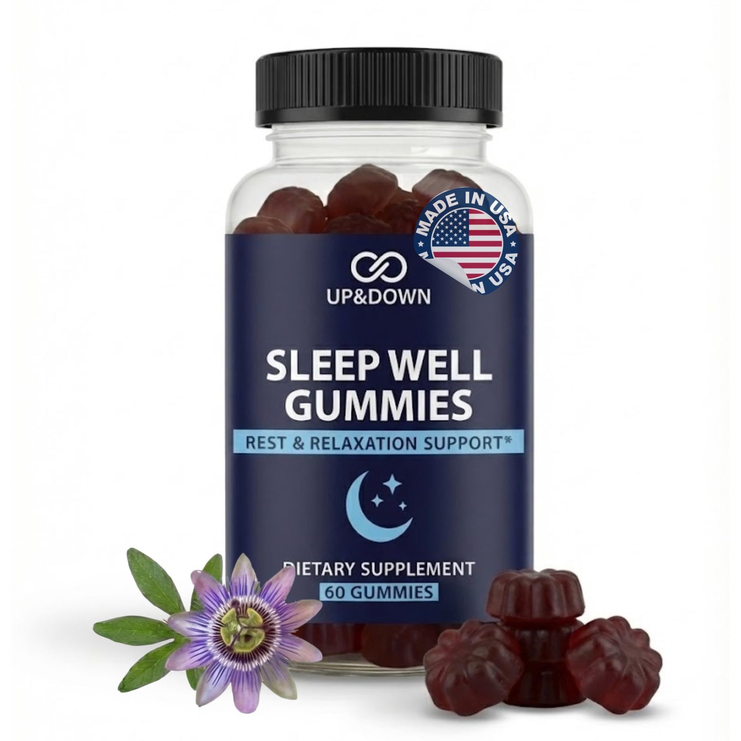 Up&Down Supplements Sleep Well Gummies | Deeper Sleep, Relaxation, Rest & Recovery Support | Melatonin, Vitamin B6 & Passionflower | Made in USA | Vegan, Non-GMO, Gluten Free | 60 Sleep Gummies - dailyvitalstore