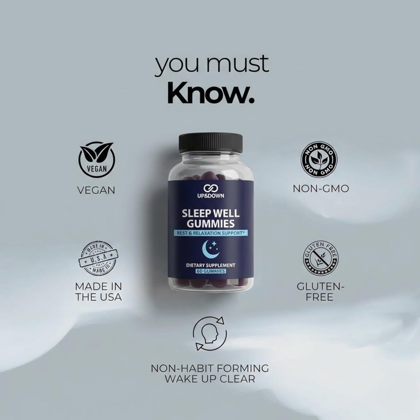 Up&Down Supplements Sleep Well Gummies | Deeper Sleep, Relaxation, Rest & Recovery Support | Melatonin, Vitamin B6 & Passionflower | Made in USA | Vegan, Non-GMO, Gluten Free | 60 Sleep Gummies - dailyvitalstore