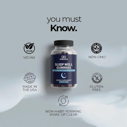 Up&Down Supplements Sleep Well Gummies | Deeper Sleep, Relaxation, Rest & Recovery Support | Melatonin, Vitamin B6 & Passionflower | Made in USA | Vegan, Non-GMO, Gluten Free | 60 Sleep Gummies - dailyvitalstore