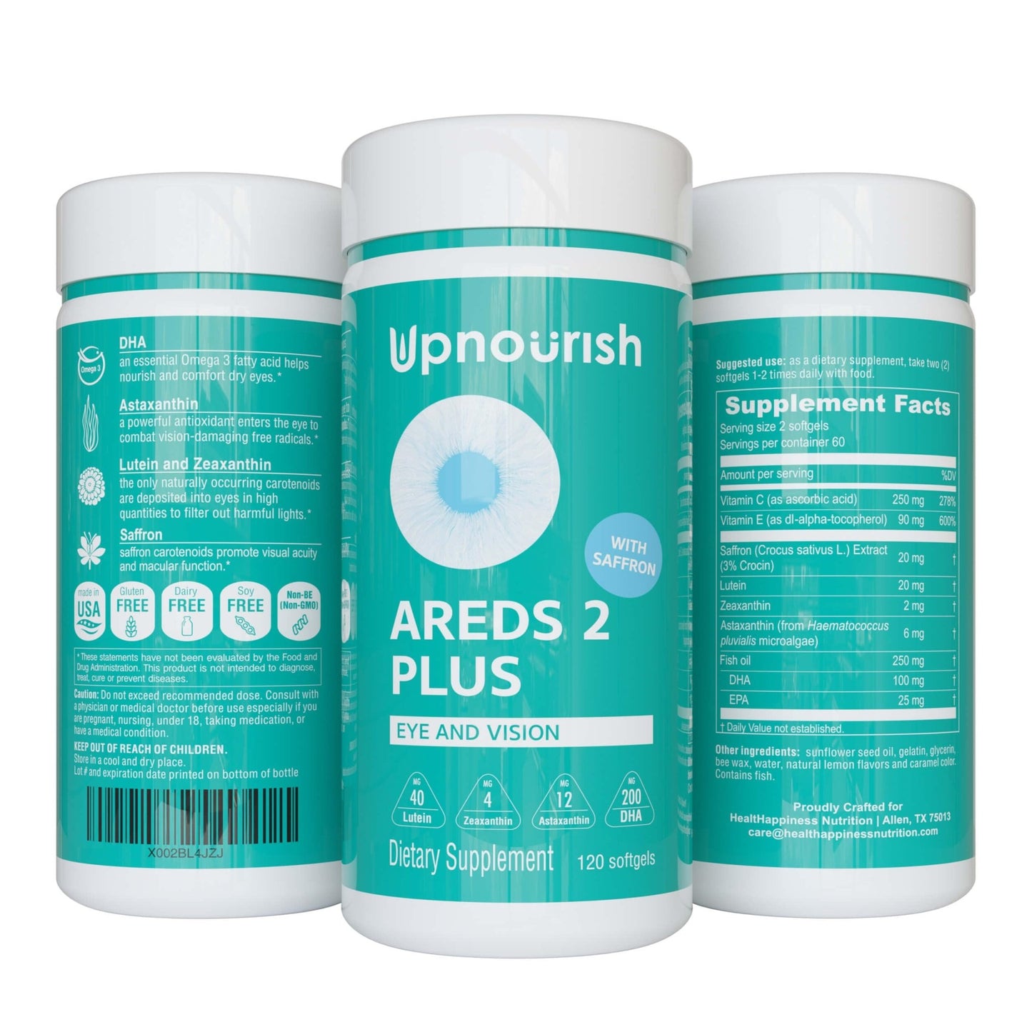 UpNourish AREDS 2 Plus Eye Vitamin Supplement, AREDS 2 Zinc Free Formula with Lutein, Zeaxanthin, Saffron, Astaxanthin & DHA - 120 softgels - dailyvitalstore