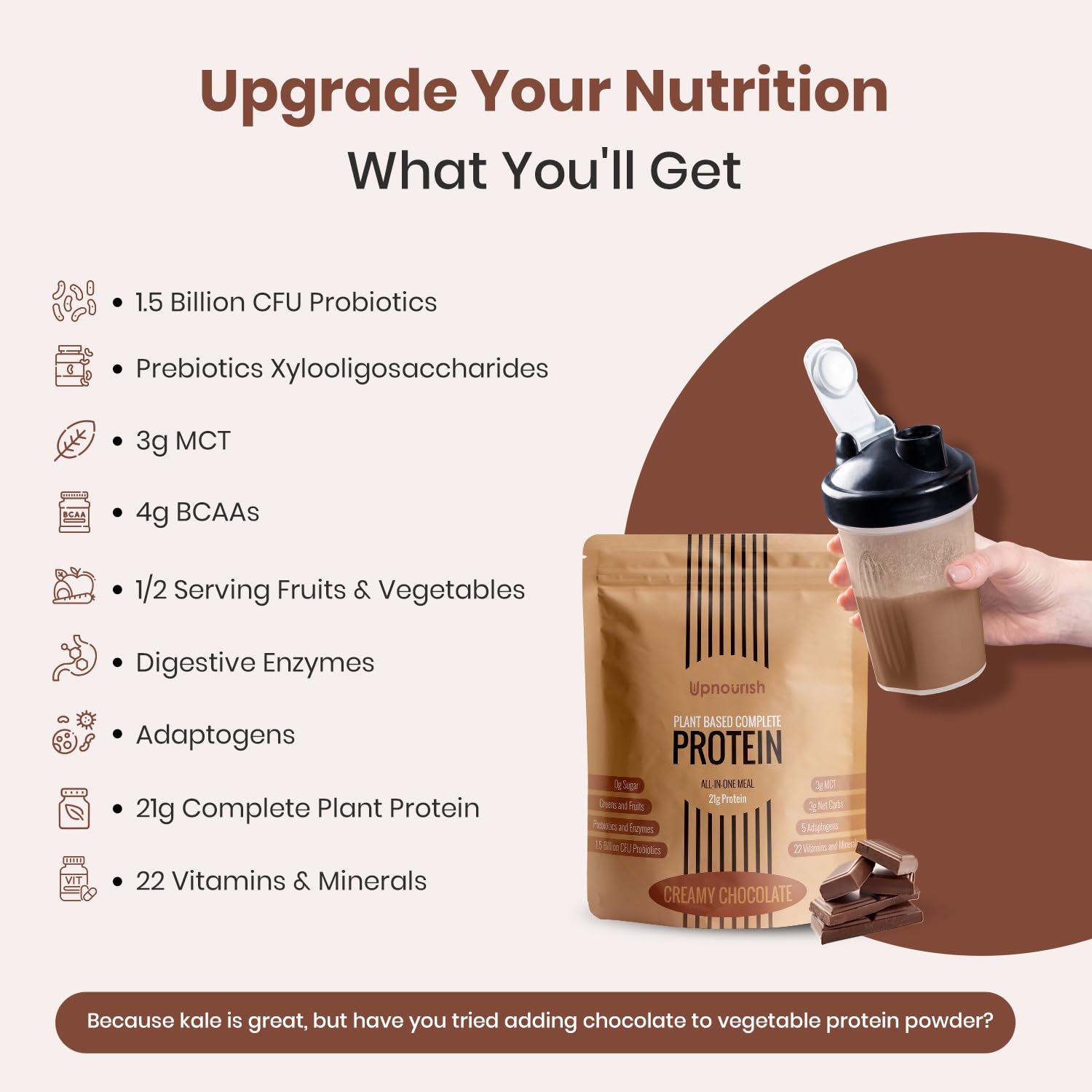 UpNourish Chocolate Vegan Protein Powder 54 Superfoods Powder,1.5 Billion CFU Probiotics 21g Plant Based Protein,No Sugar No Dairy No GMO Dairy Free,Meal Replacement Shake Keto-Friendly Low-Carb Diet,15 Servings - dailyvitalstore