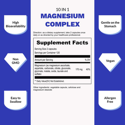 UpNourish Magnesium Supplement - 10 in 1 Magnesium Complex - Full Spectrum Magnesium Mineral Supplements with Glycinate, Citrate, Taurate, Malate, Carbonate, Oxide and More, 240 Vegan Capsules - dailyvitalstore