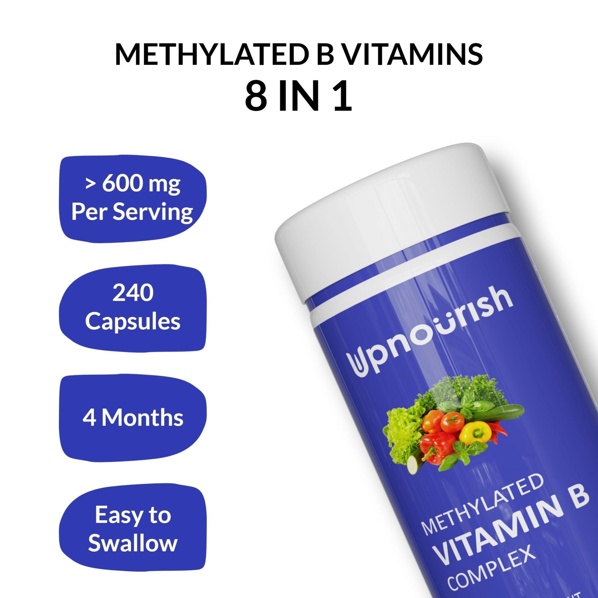 UpNourish Methylated B Complex Vitamins for Women and Men, 240 Veggies Capsules - Active Pure B Complex with Organic Fruits, Vegetables, B1 Thiamine, B2 Riboflavin, - dailyvitalstore