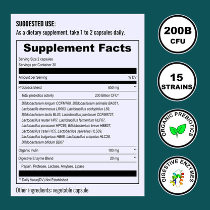 UpNourish Probiotics - 200 Billion CFUs for Men and Women, 15 Clinically Studied Strains, Prebiotics & Enzymes - 60 Vegan Capsules - dailyvitalstore