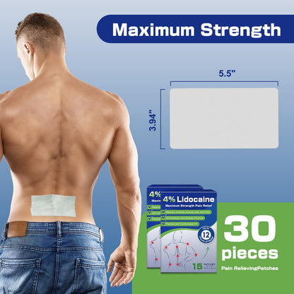 Uposiut 4% Lidocaine Pain Relief Patches 30 Count – Maximum Strength, 12 Hour Long Lasting, Flexible & Low Odor, for Back, Neck, Knee & Shoulder - 002AB - dailyvitalstore