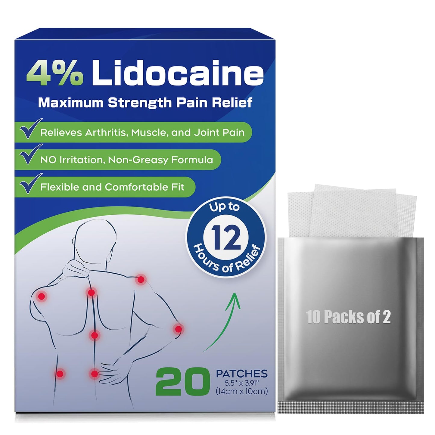 Uposiut 4% Lidocaine Patches - 20 Count Maximum Strength Lidocaine Patches, 10 Packs of 2 Patches for Muscle Pain Relief in The Neck, Shoulders, Back, Knees, and Anks, 12 Hour Pain Relief-012345 - dailyvitalstore