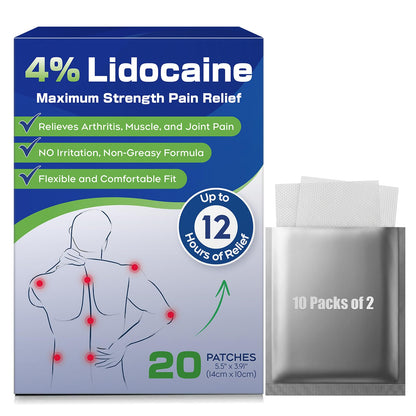 Uposiut 4% Lidocaine Patches - 20 Count Maximum Strength Lidocaine Patches, 10 Packs of 2 Patches for Muscle Pain Relief in The Neck, Shoulders, Back, Knees, and Anks, 12 Hour Pain Relief-012345 - dailyvitalstore