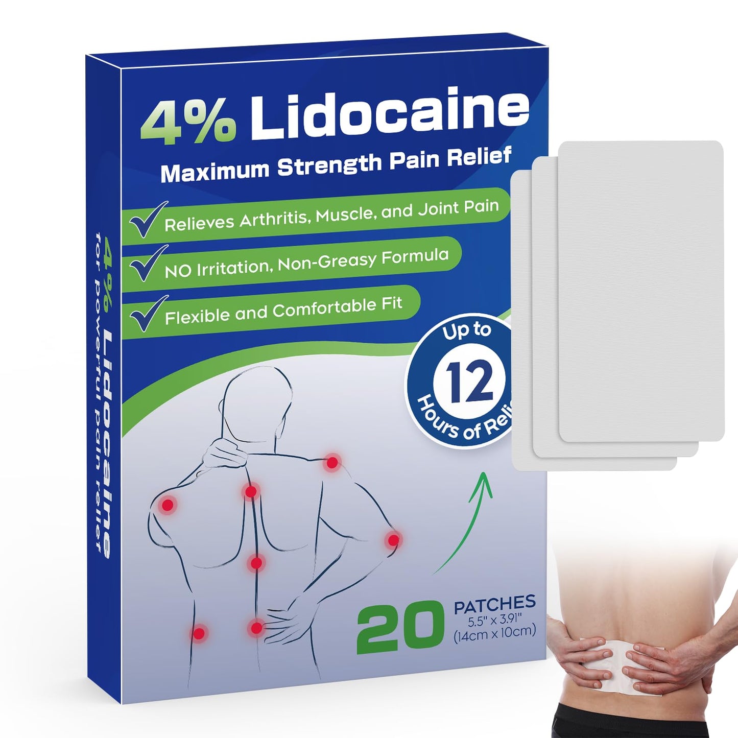 Uposiut 4% Lidocaine Patches - 20 Count Maximum Strength Lidocaine Patches, 10 Packs of 2 Patches for Muscle Pain Relief in The Neck, Shoulders, Back, Knees, and Anks, 12 Hour Pain Relief-012345 - dailyvitalstore