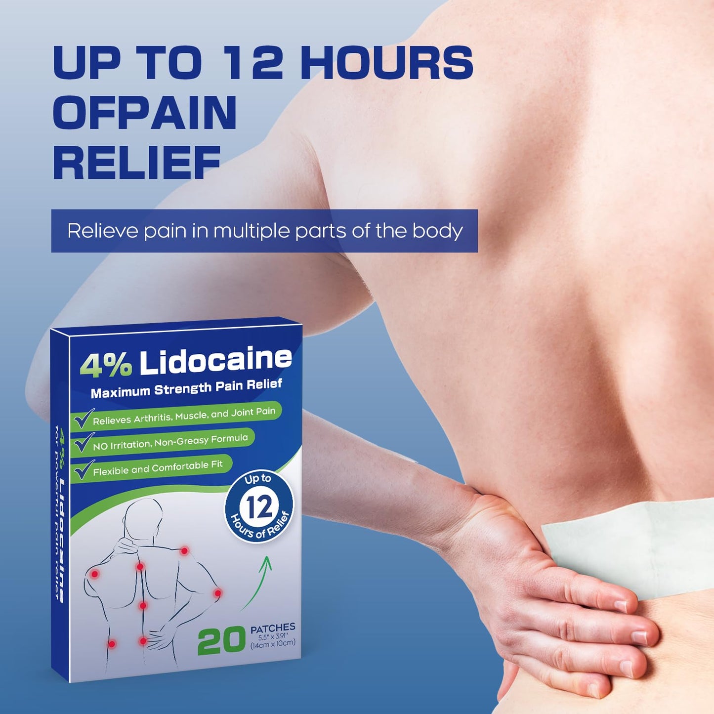 Uposiut 4% Lidocaine Patches - 20 Count Maximum Strength Lidocaine Patches, 10 Packs of 2 Patches for Muscle Pain Relief in The Neck, Shoulders, Back, Knees, and Anks, 12 Hour Pain Relief-012345 - dailyvitalstore