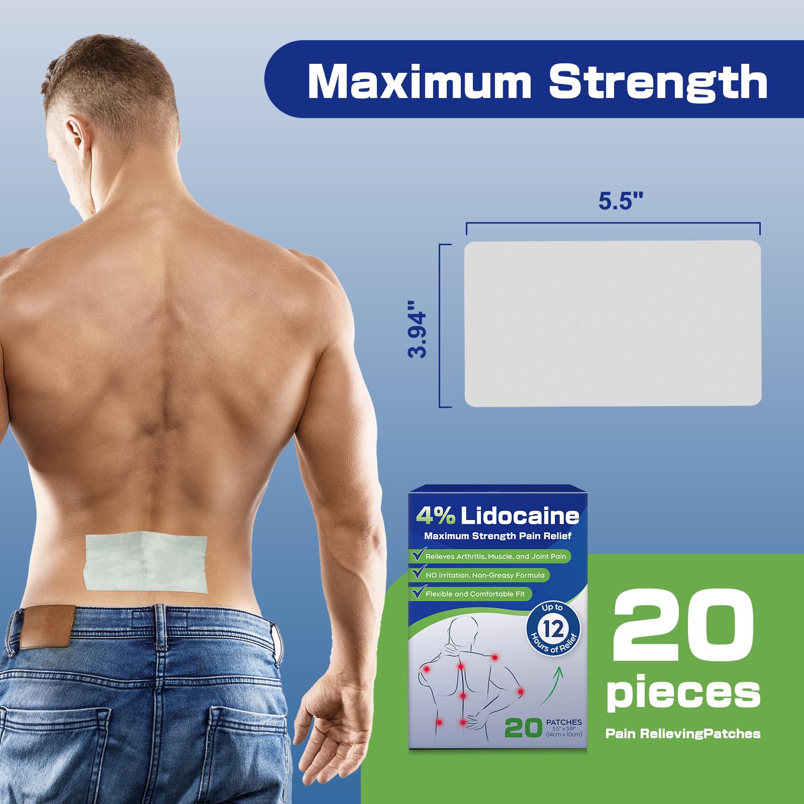 Uposiut 4% Lidocaine Patches - 20 Count Maximum Strength Lidocaine Patches, 10 Packs of 2 Patches for Muscle Pain Relief in The Neck, Shoulders, Back, Knees, and Anks, 12 Hour Pain Relief-012345 - dailyvitalstore