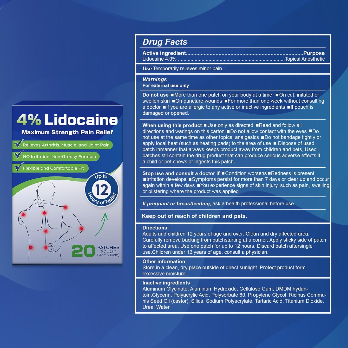 Uposiut 4% Lidocaine Patches - 20 Count Maximum Strength Lidocaine Patches, 10 Packs of 2 Patches for Muscle Pain Relief in The Neck, Shoulders, Back, Knees, and Anks, 12 Hour Pain Relief-012345 - dailyvitalstore
