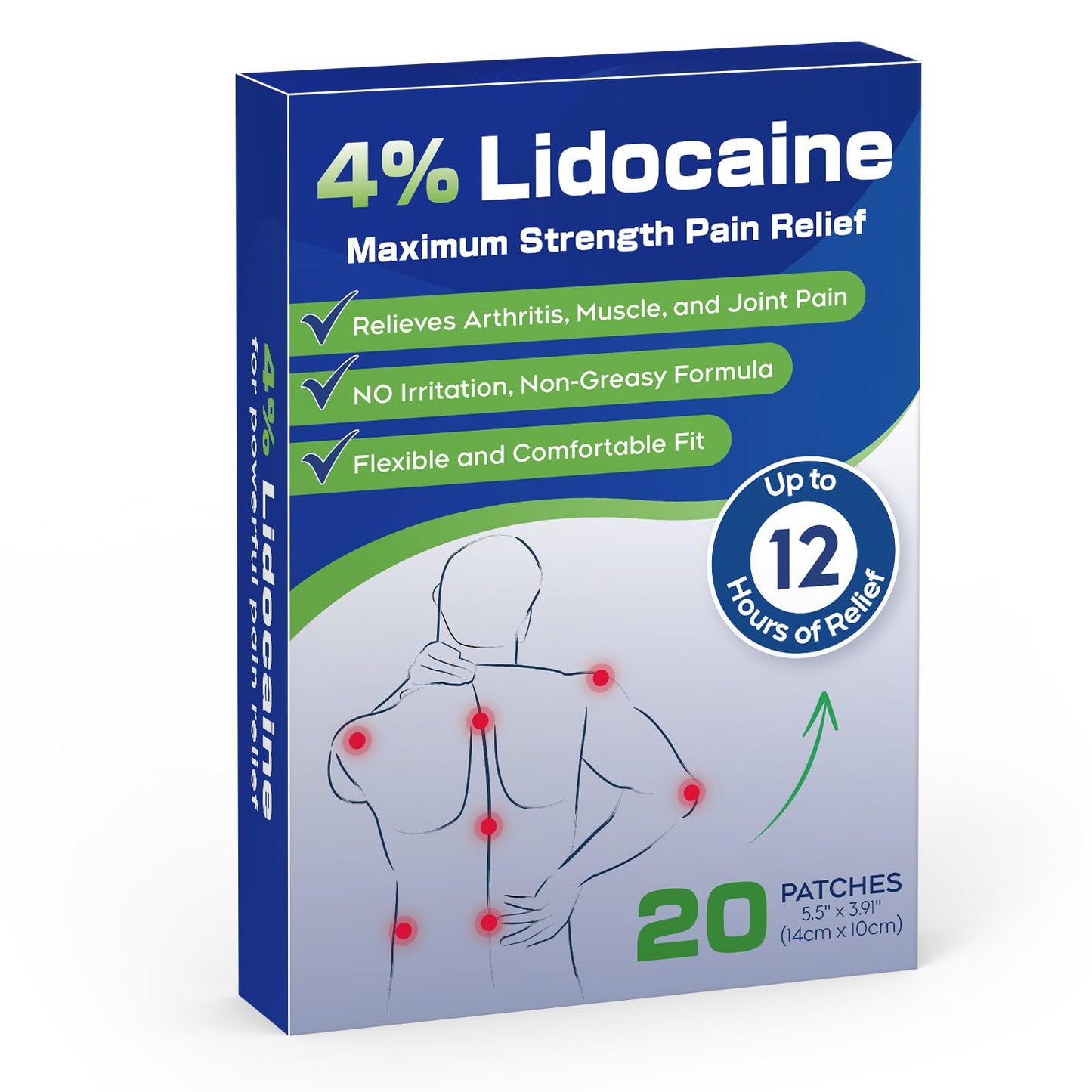 Uposiut 4% Lidocaine Patches - 20 Count Maximum Strength Lidocaine Patches, 10 Packs of 2 Patches for Muscle Pain Relief in The Neck, Shoulders, Back, Knees, and Anks, 12 Hour Pain Relief-012345 - dailyvitalstore