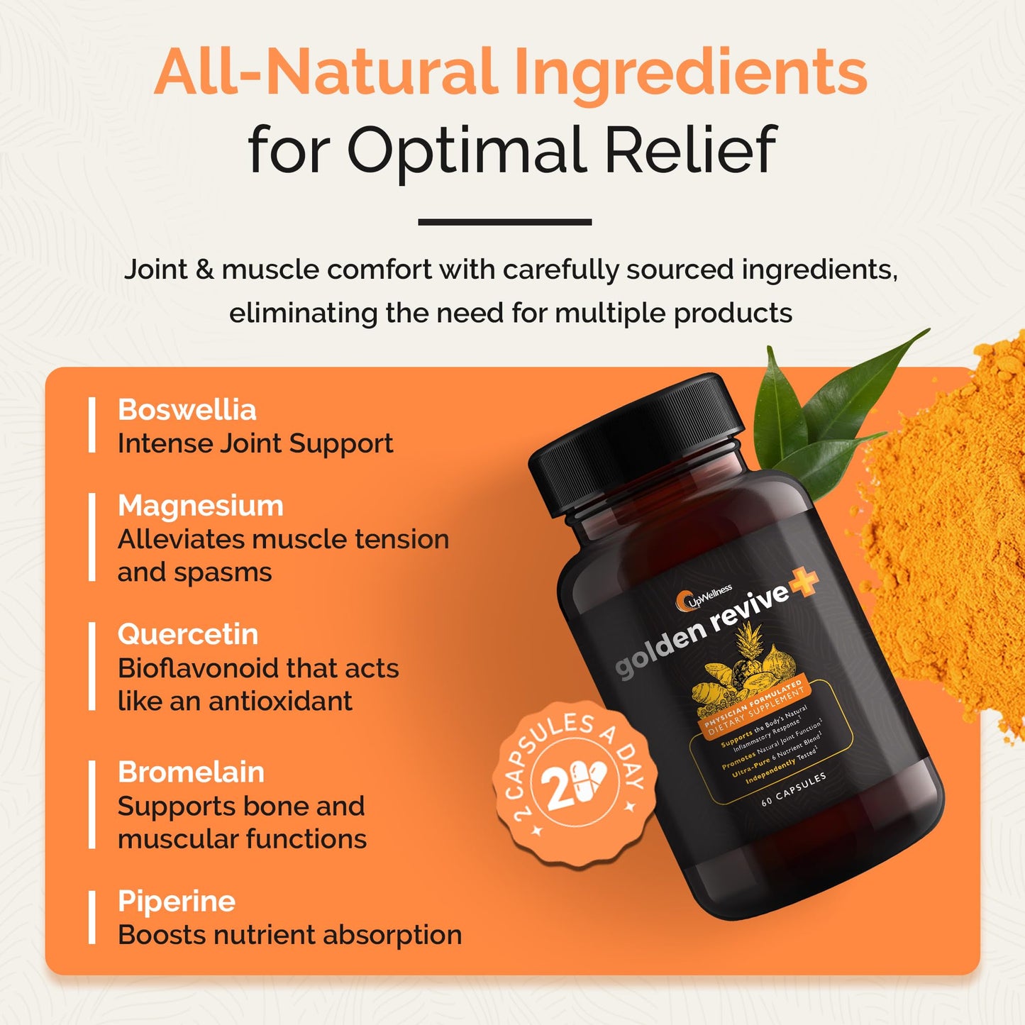 UpWellness Golden Revive + Joint Support Supplement Featuring Turmeric with Black Pepper, Quercetin, and Magnesium- Turmeric Boswellia Supplement - 6 Active Ingredients - 60 Capsules, 5 Pack - dailyvitalstore