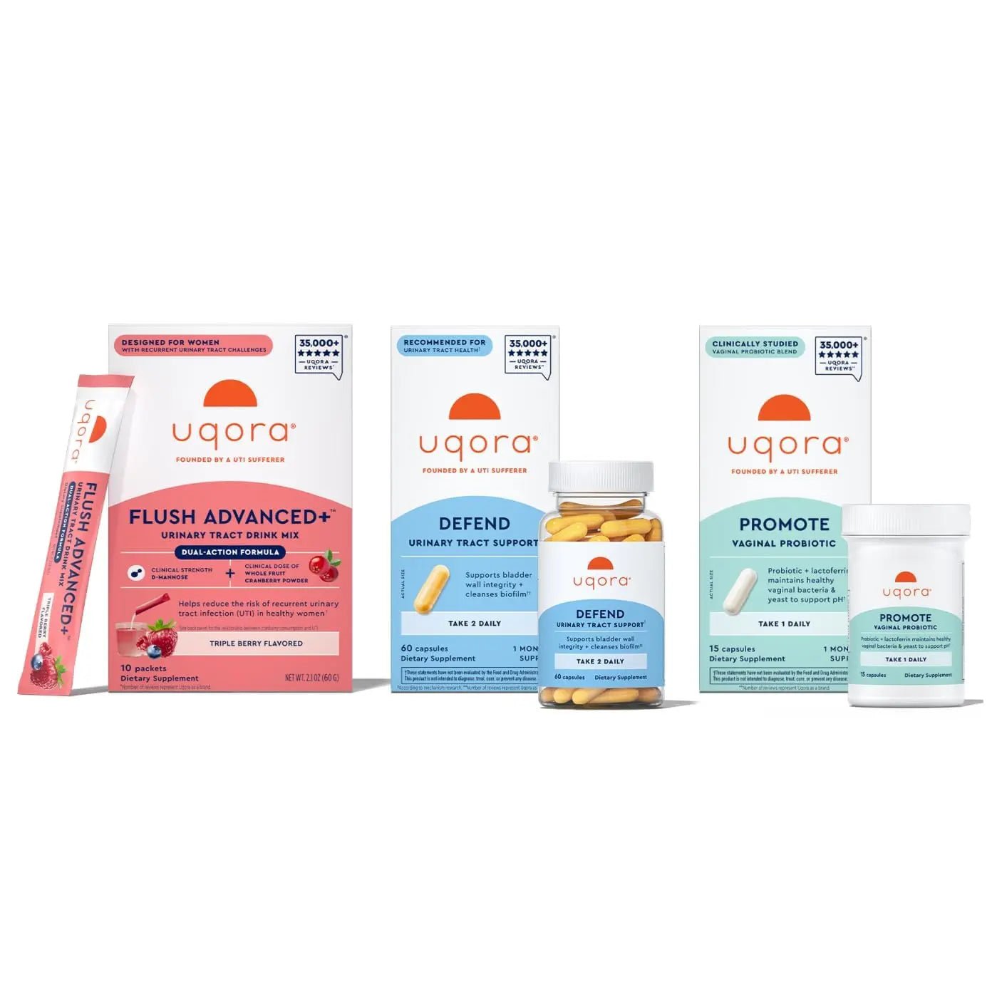 Uqora Flush Advanced+ Regimen with Flush Advanced+ - Cranberry to Reduce Risk of Recurrent UTI** - Defend & Promote - D-Mannose, Vitamin C, Green Tea Extract & Probiotics - 3-Part Bundle - dailyvitalstore