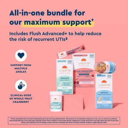 Uqora Flush Advanced+ Regimen with Flush Advanced+ - Cranberry to Reduce Risk of Recurrent UTI** - Defend & Promote - D-Mannose, Vitamin C, Green Tea Extract & Probiotics - 3-Part Bundle - dailyvitalstore