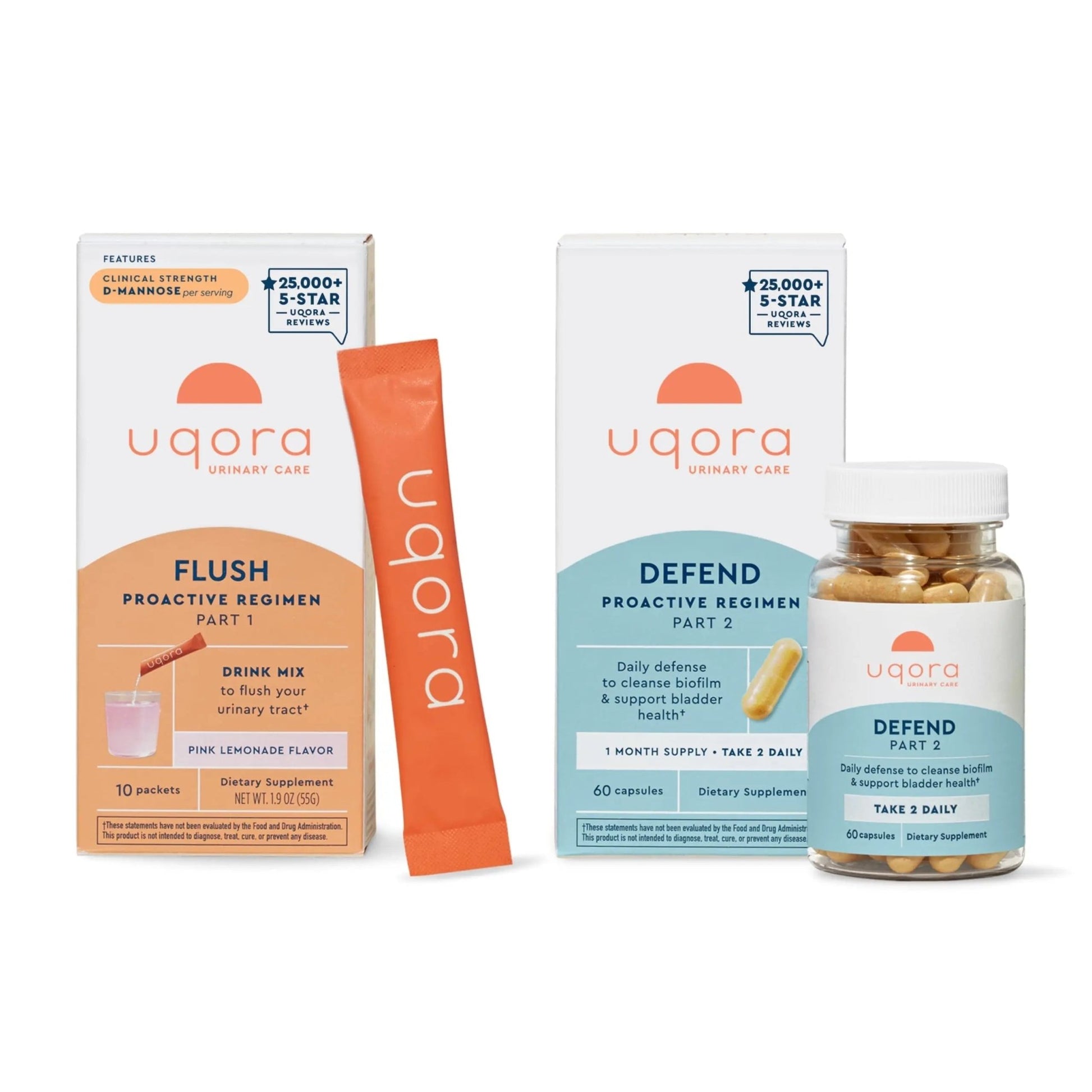 Uqora Flush (Pink Lemonade, 10 Packets) & Defend (60 Capsules) Bundle - Support Urinary Tract* with D-Mannose, Vitamin C & More - Support Bladder Health & Cleanse Biofilm* with D-Mannose & More - dailyvitalstore