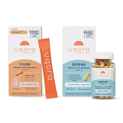 Uqora Flush (Pink Lemonade, 10 Packets) & Defend (60 Capsules) Bundle - Support Urinary Tract* with D-Mannose, Vitamin C & More - Support Bladder Health & Cleanse Biofilm* with D-Mannose & More - dailyvitalstore