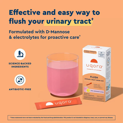 Uqora Flush - Urinary Tract* with D-Mannose, Vitamin C, Vitamin B6, Potassium, Magnesium & Calcium - Gluten-Free & Vegan - Pink Lemonade Flavor - 10 Packets (1 Pack) - dailyvitalstore