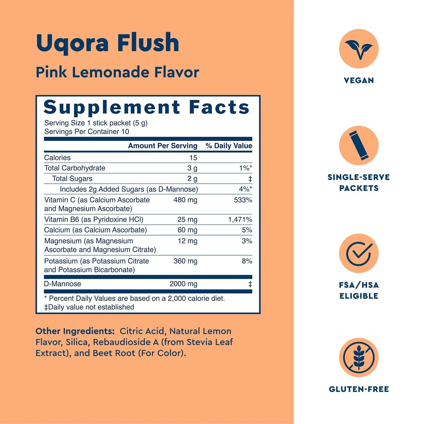 Uqora Flush - Urinary Tract* with D-Mannose, Vitamin C, Vitamin B6, Potassium, Magnesium & Calcium - Gluten-Free & Vegan - Pink Lemonade Flavor - 10 Packets (1 Pack) - dailyvitalstore