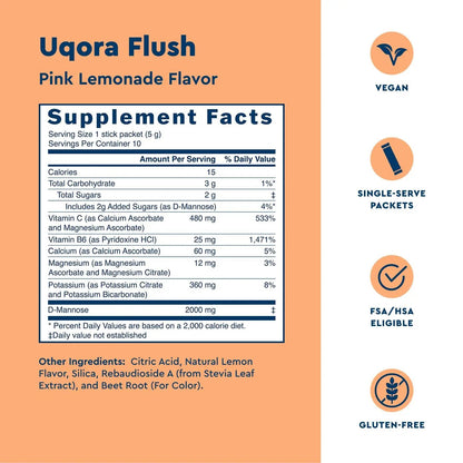 Uqora Flush - Urinary Tract* with D-Mannose, Vitamin C, Vitamin B6, Potassium, Magnesium & Calcium - Gluten-Free & Vegan - Pink Lemonade Flavor - 10 Packets (1 Pack) - dailyvitalstore