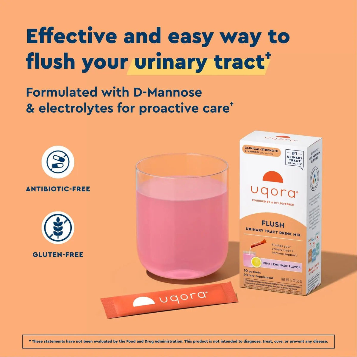 Uqora Flush - Urinary Tract* with D-Mannose, Vitamin C, Vitamin B6, Potassium, Magnesium & Calcium - Gluten-Free & Vegan - Pink Lemonade Flavor - 20 Packets (2 Pack) - dailyvitalstore