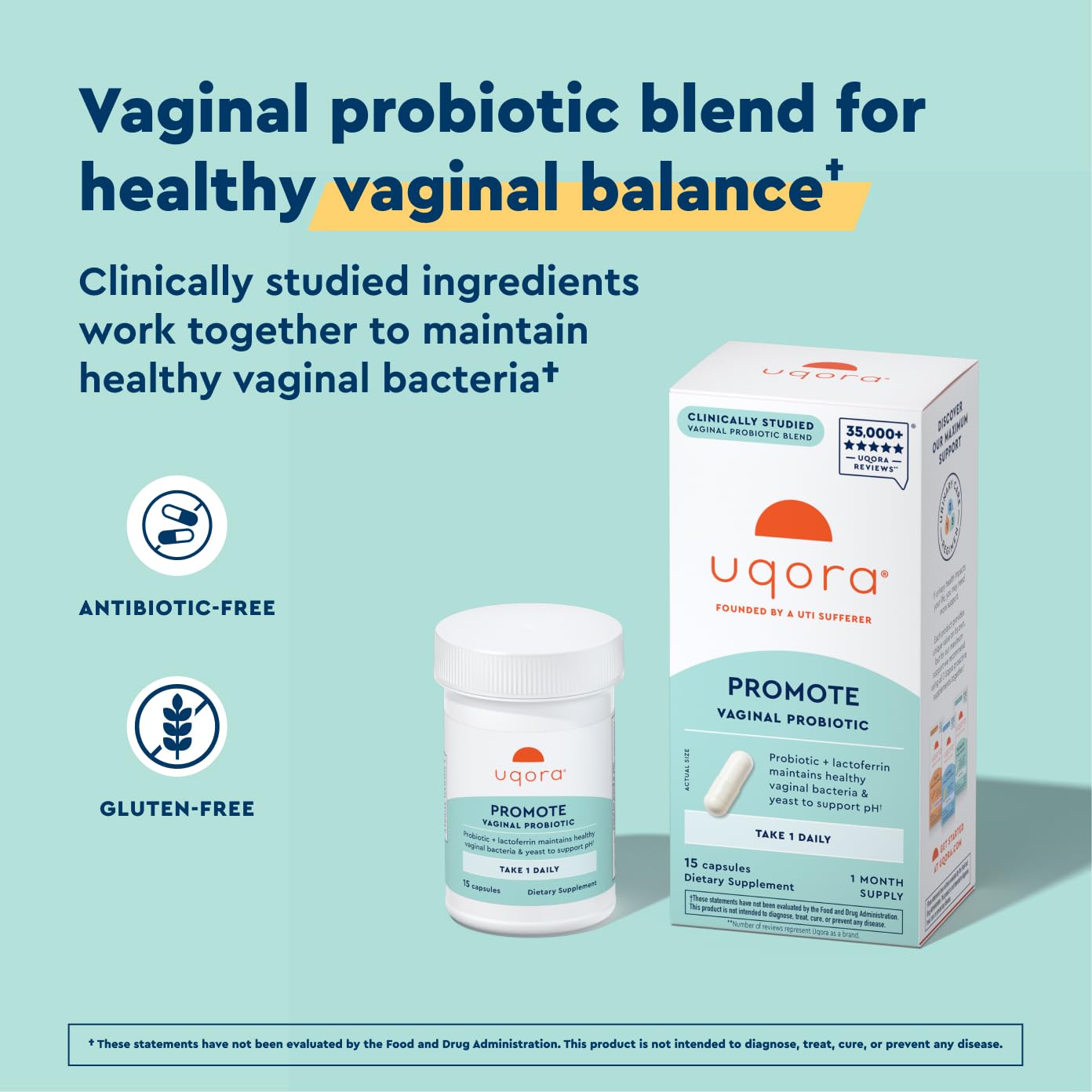 Uqora Promote - Support Vaginal Health* - Probiotic for Women with Lactoferrin, Lactobacillus Acidophilus & Lacticaseibacillus Rhamnosus - Vaginal Probiotics - Gluten-Free - 15 Capsules - dailyvitalstore