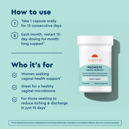 Uqora Promote - Support Vaginal Health* - Probiotic for Women with Lactoferrin, Lactobacillus Acidophilus & Lacticaseibacillus Rhamnosus - Vaginal Probiotics - Gluten-Free - 15 Capsules - dailyvitalstore