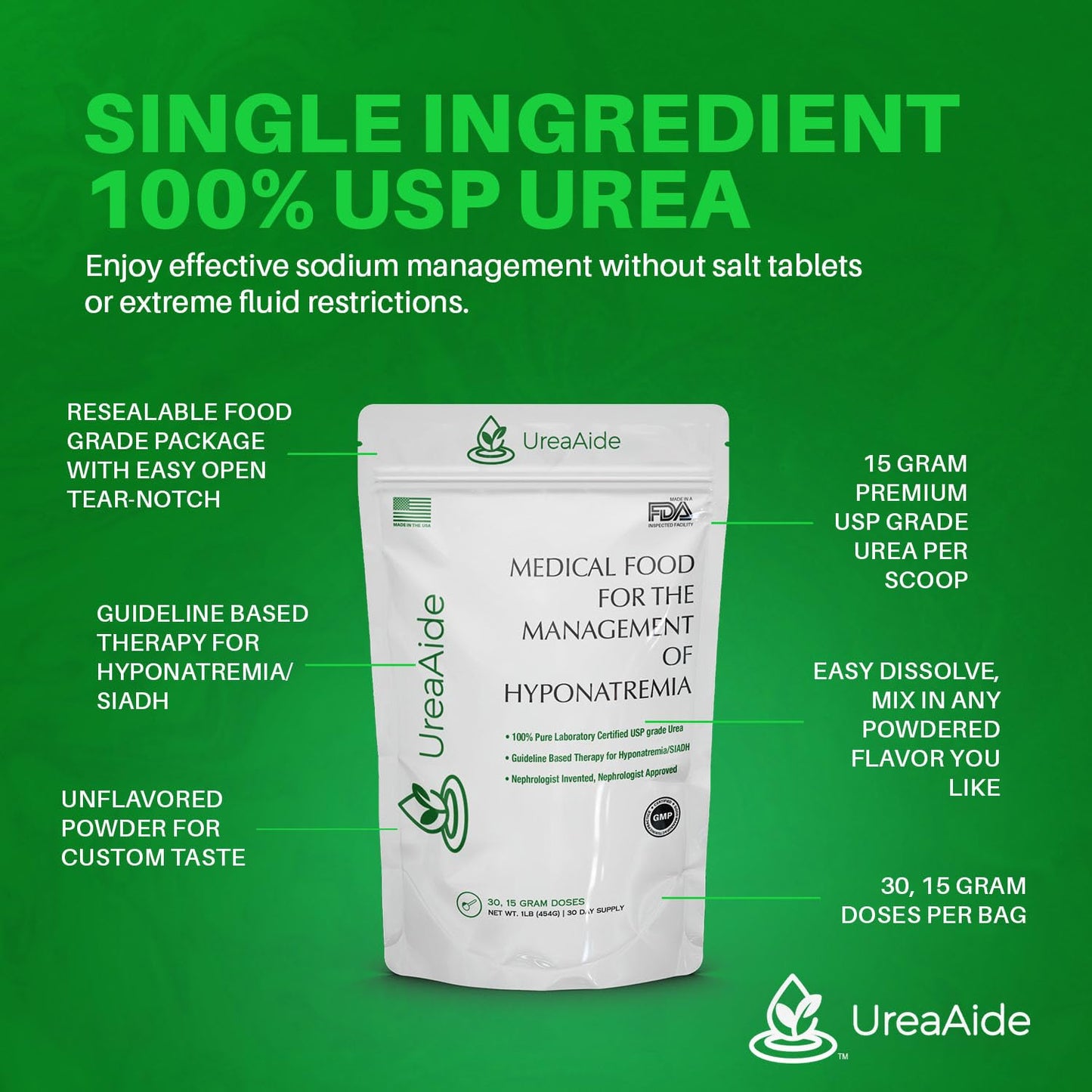 UreaAide Unflavored Urea Powder for Low Sodium 30 Servings Oral Urea Powder for Hyponatremia-Single Ingredient 100% Medical Grade Urea with 15 gram Dose Scoop - dailyvitalstore