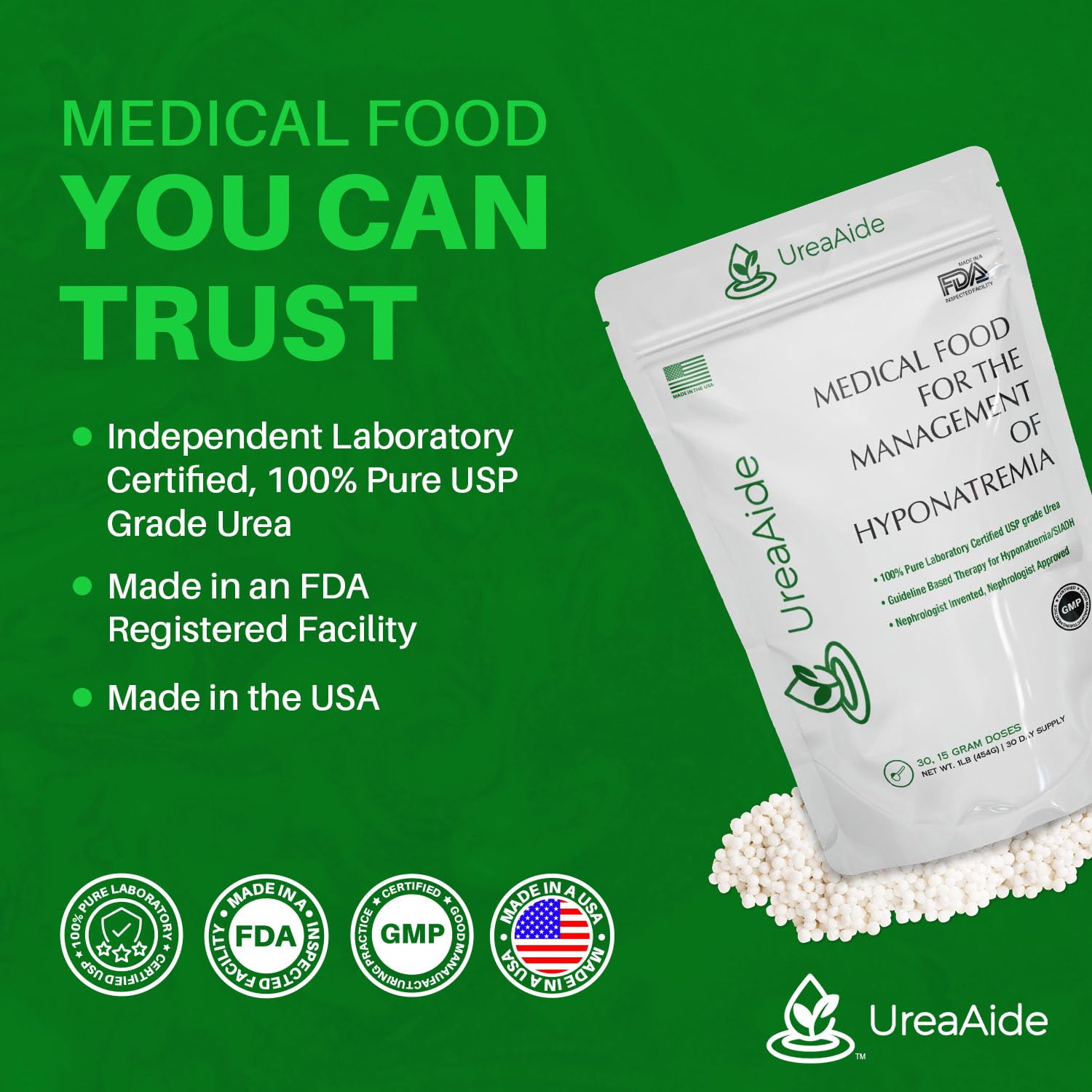 UreaAide Unflavored Urea Powder for Low Sodium 30 Servings Oral Urea Powder for Hyponatremia-Single Ingredient 100% Medical Grade Urea with 15 gram Dose Scoop - dailyvitalstore