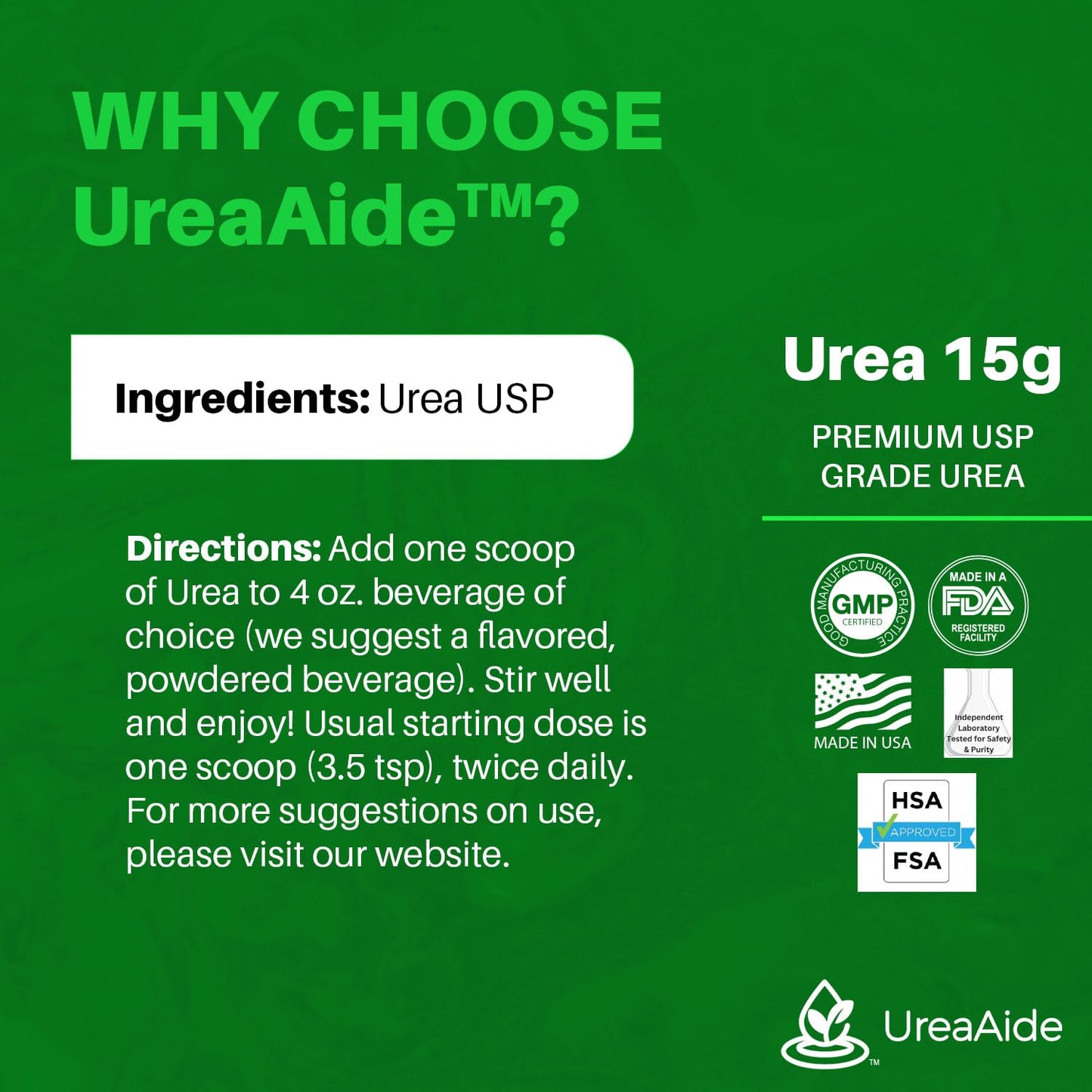 UreaAide Unflavored Urea Powder for Low Sodium 30 Servings Oral Urea Powder for Hyponatremia-Single Ingredient 100% Medical Grade Urea with 15 gram Dose Scoop - dailyvitalstore