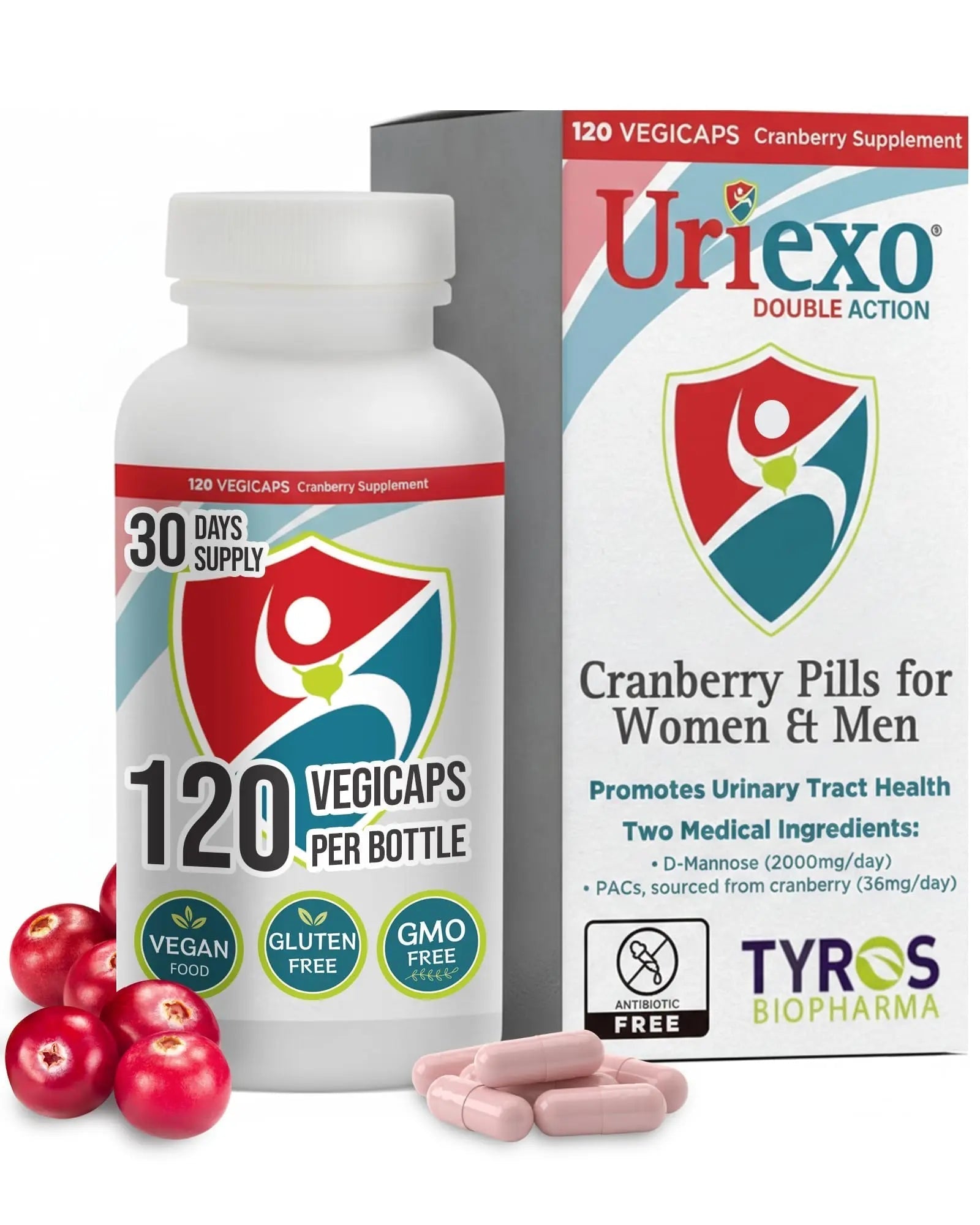 Uriexo Double Action Support Cranberry Pills - Urinary Tract Health Supplement with 36mg Proanthocyanidins PACs & 2000mg D-Mannose, Capsules for Men & Women, Non-Antibiotic Formula, 30 Day Supply - dailyvitalstore