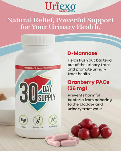 Uriexo Double Action Support Cranberry Pills - Urinary Tract Health Supplement with 36mg Proanthocyanidins PACs & 2000mg D-Mannose, Capsules for Men & Women, Non-Antibiotic Formula, 30 Day Supply - dailyvitalstore