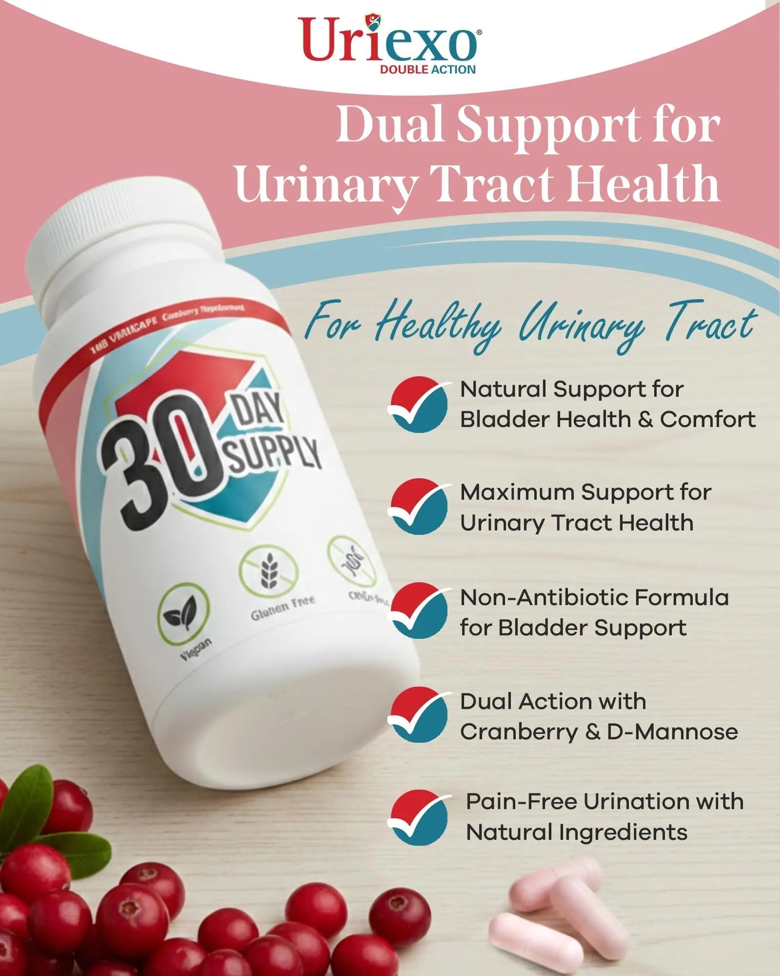 Uriexo Double Action Support Cranberry Pills - Urinary Tract Health Supplement with 36mg Proanthocyanidins PACs & 2000mg D-Mannose, Capsules for Men & Women, Non-Antibiotic Formula, 30 Day Supply - dailyvitalstore